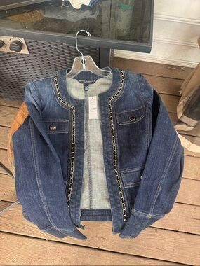 WHBM Denim Chain-Trim Open Front Jacket - Dark Blue NWT